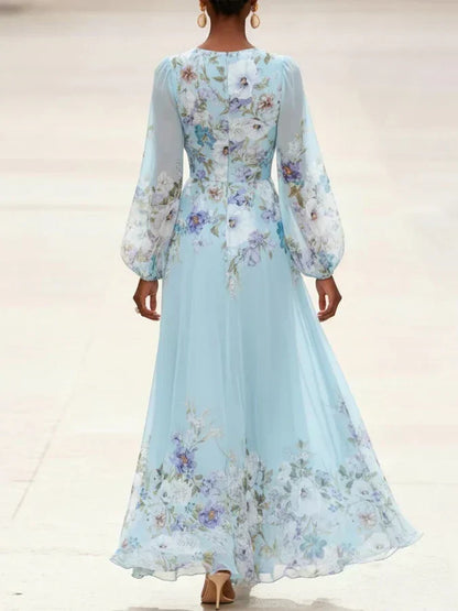Mia | Robe Maxi en Chiffon Floral Bleu Clair avec Décolleté en V