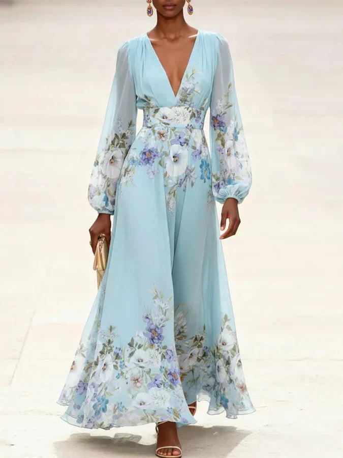 Mia | Robe Maxi en Chiffon Floral Bleu Clair avec Décolleté en V