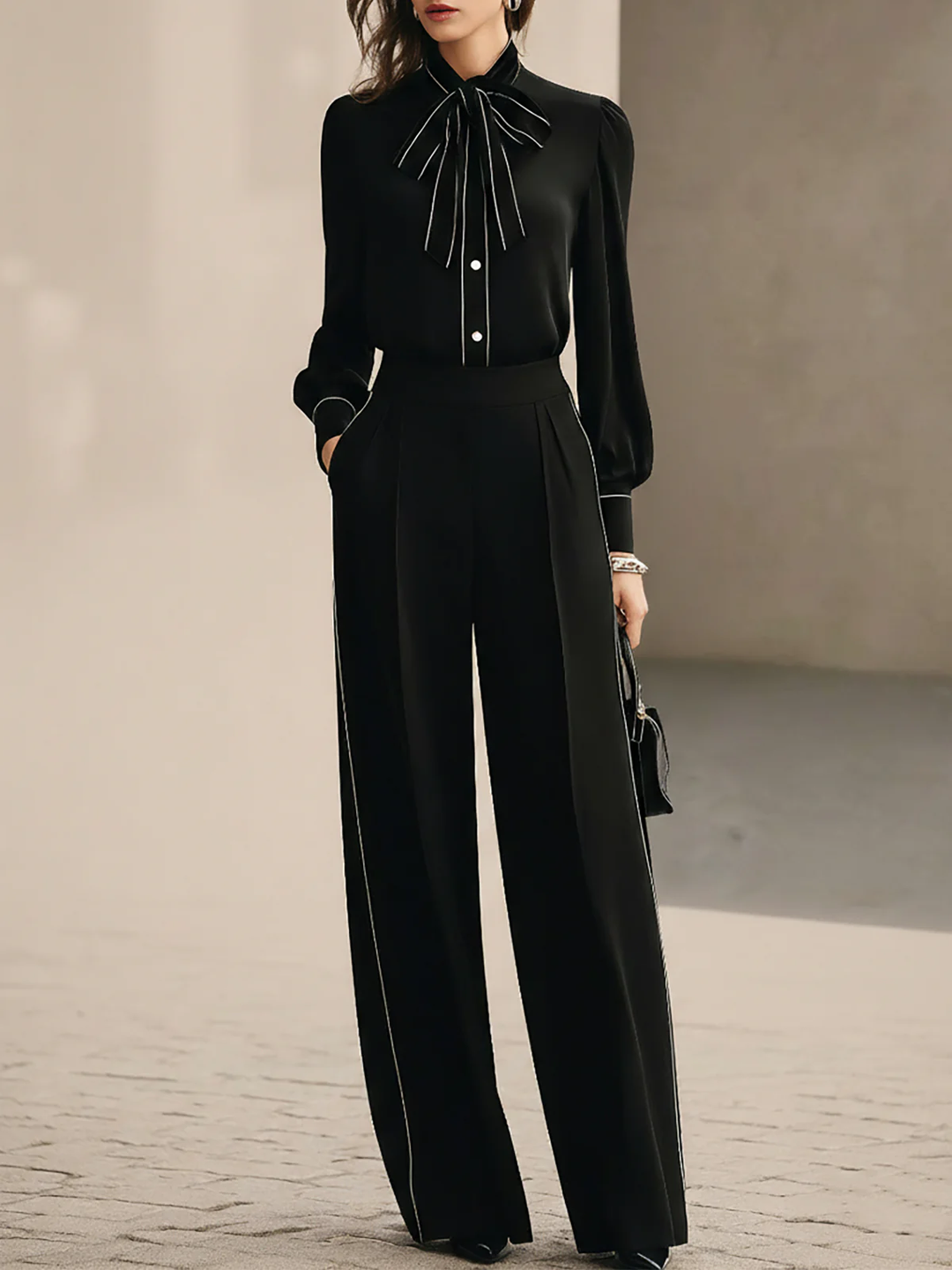 Bianca | Ensemble Blouse à Nœud Papillon et Pantalons Large