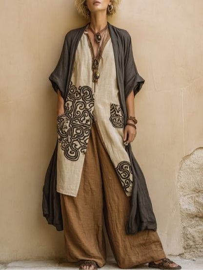 Sophie | Ensemble Trois Pièces Imprimé Tribal Gris Foncé & Marron