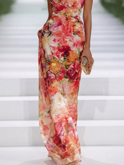 Fae | Robe Maxi Sans Manches en Chiffon Rouge à Fleurs