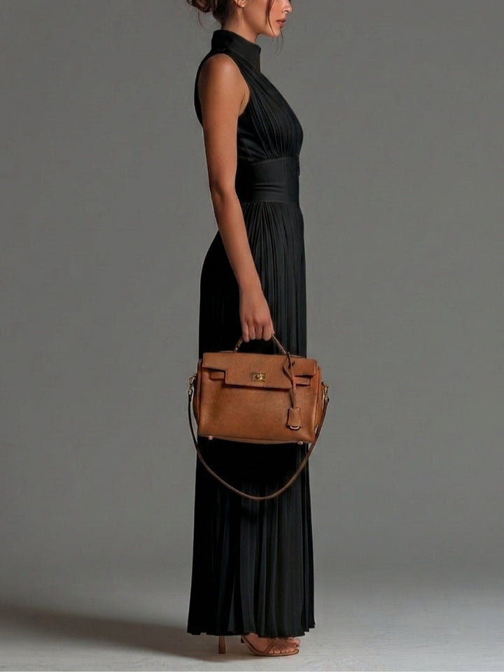 Combinaison sans manches à col en V noir avec fermeture éclair et plissée à jambes larges en chiffon
