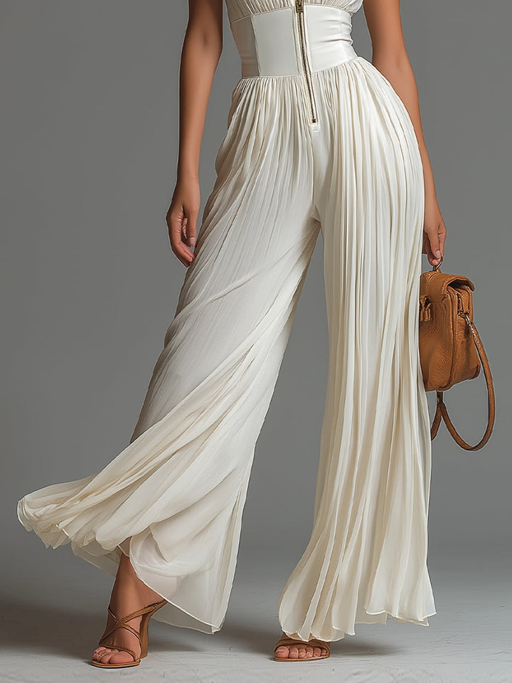Combinaison sans manches à col en V blanc, fermeture éclair, plissée, jambes larges en chiffon