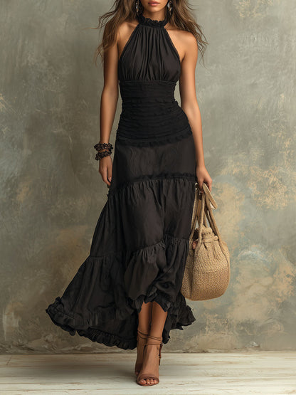 Susie | Robe Maxi en Dentelle Volantée avec Col Haut Bohémien