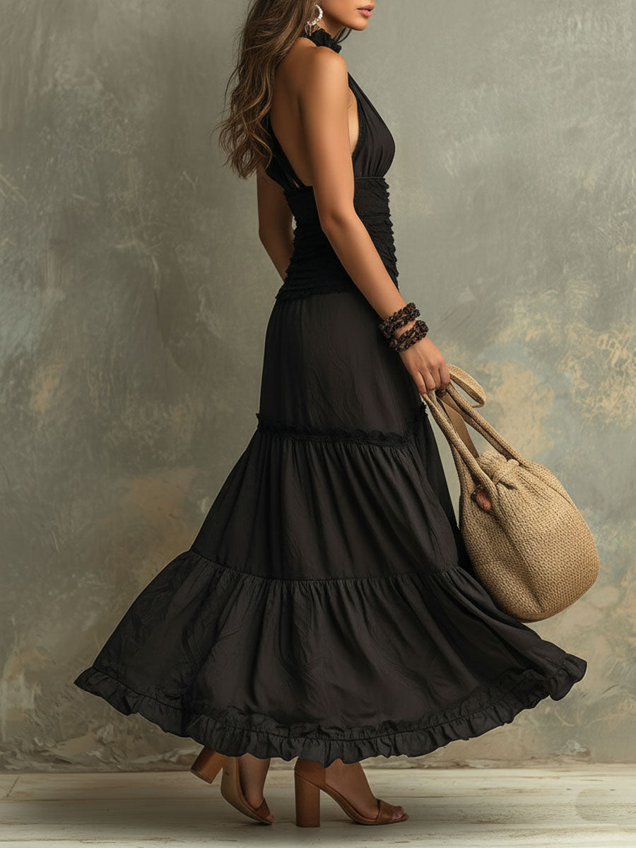 Susie | Robe Maxi en Dentelle Volantée avec Col Haut Bohémien