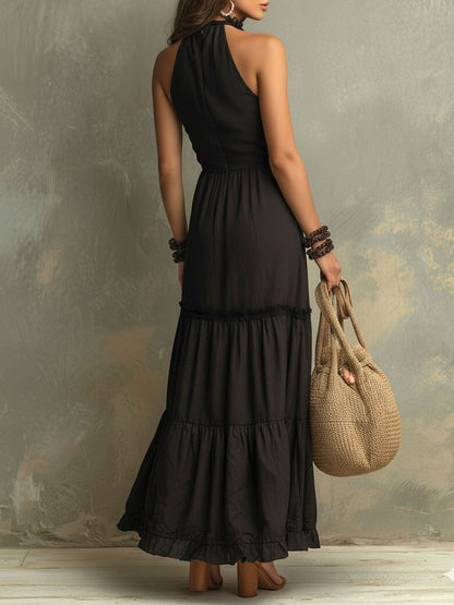 Susie | Robe Maxi en Dentelle Volantée avec Col Haut Bohémien