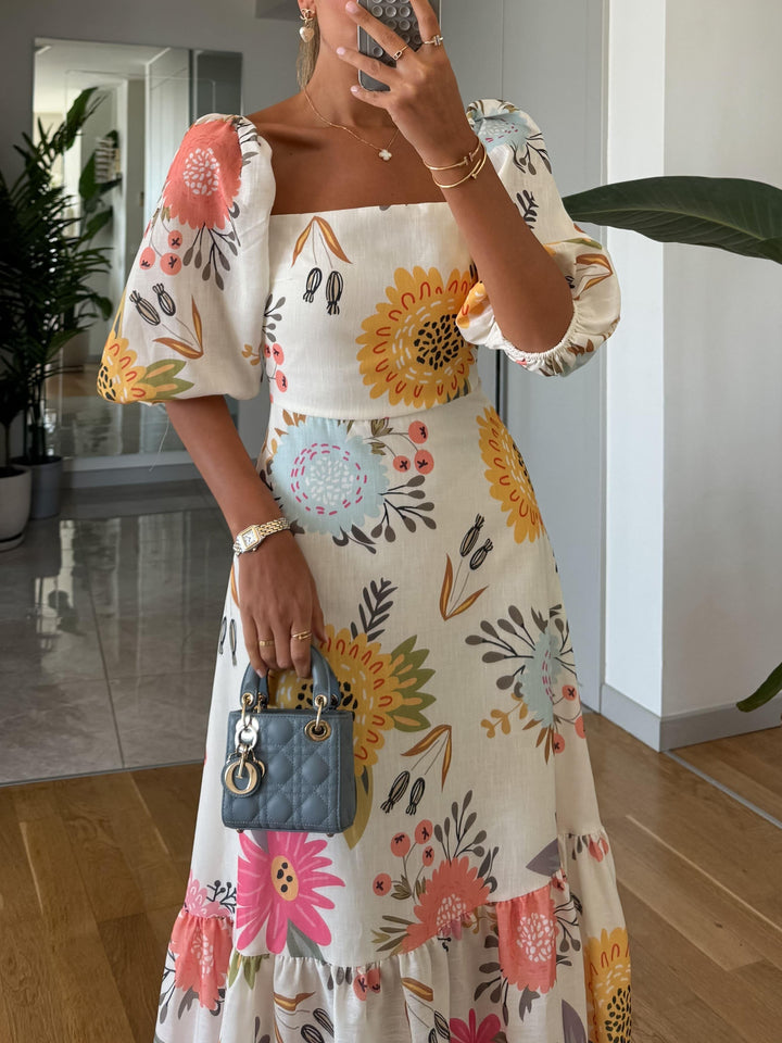 CAMILLE – ROBE ÉLÉGANTE À MANCHES VOLANTÉES EN FLEURS