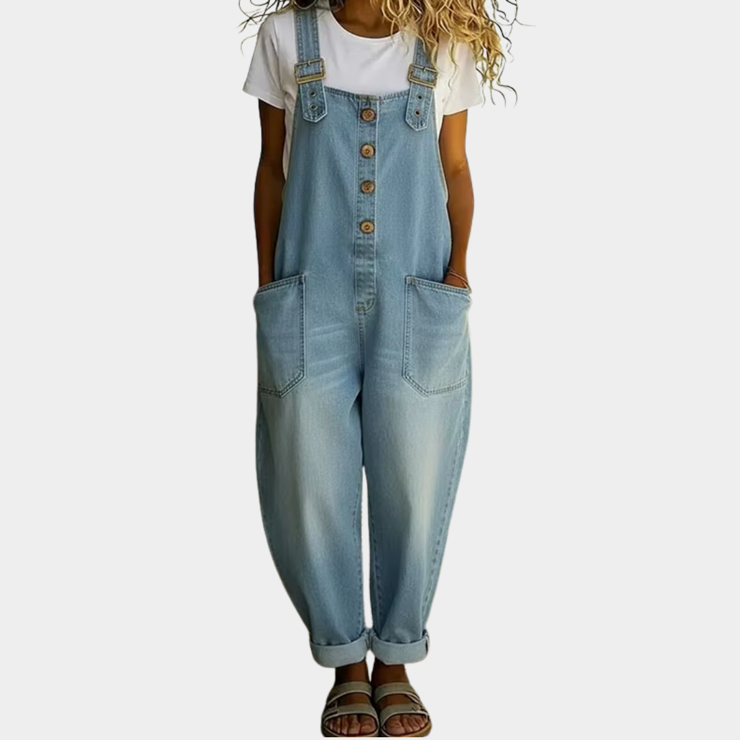 Mara - Salopette en Denim-Look Vintage en Coton Doux avec Bretelles Réglables