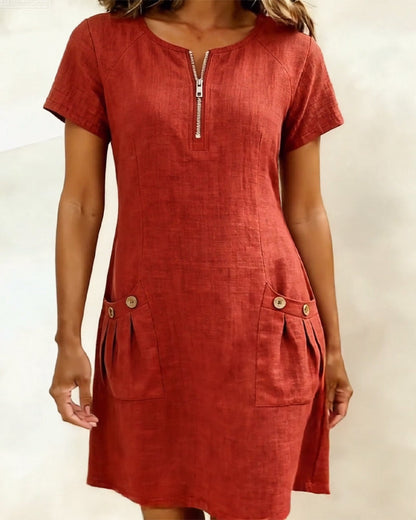 Robe Courte en Lin et Coton avec Fermeture Éclair - Coupe A-Line Élégante