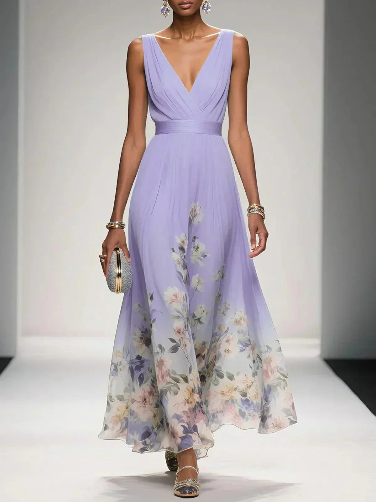 Rosa | Robe Maxi en Chiffon Floral V Bleu Clair