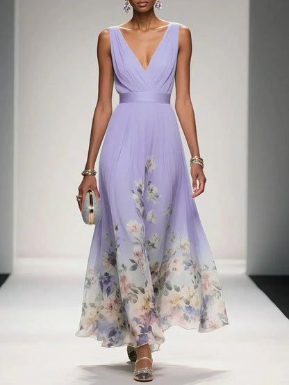 Rosa | Robe Maxi en Chiffon Floral V Bleu Clair