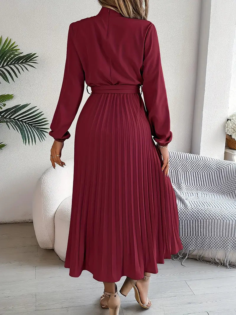 Robe Midi Plissée à Manches Longues pour Femmes avec Ceinture
