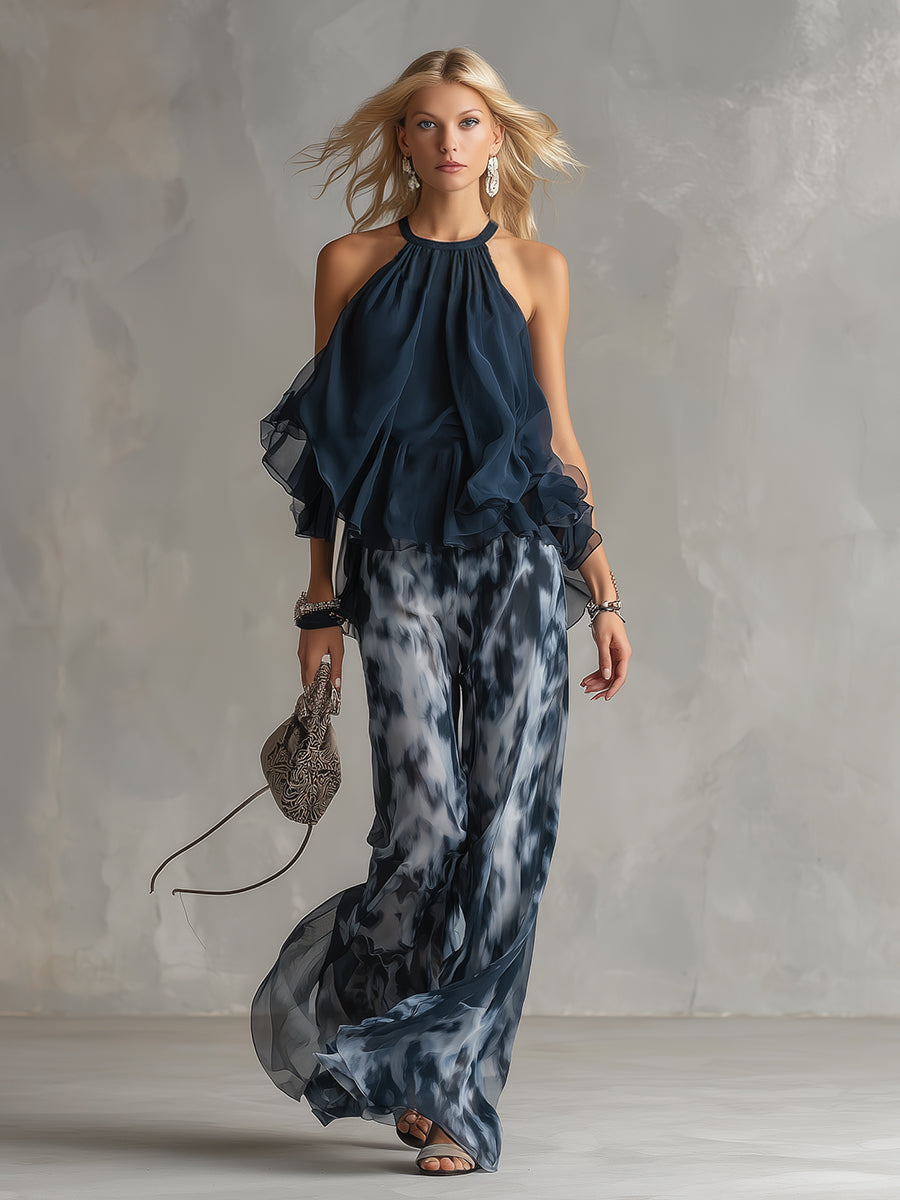 Ludovica | Top Halter Élégant Bleu Marine et Pantalons Amples Imprimés