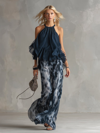 Ludovica | Top Halter Élégant Bleu Marine et Pantalons Amples Imprimés
