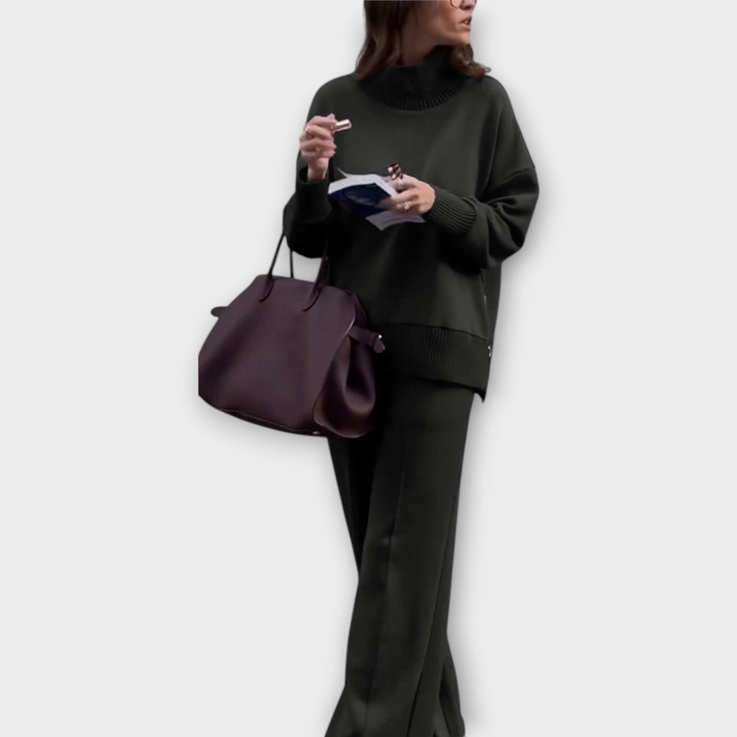 Ensemble de Pull Détendu à Col Montant et Pantalons à Jambes Larges