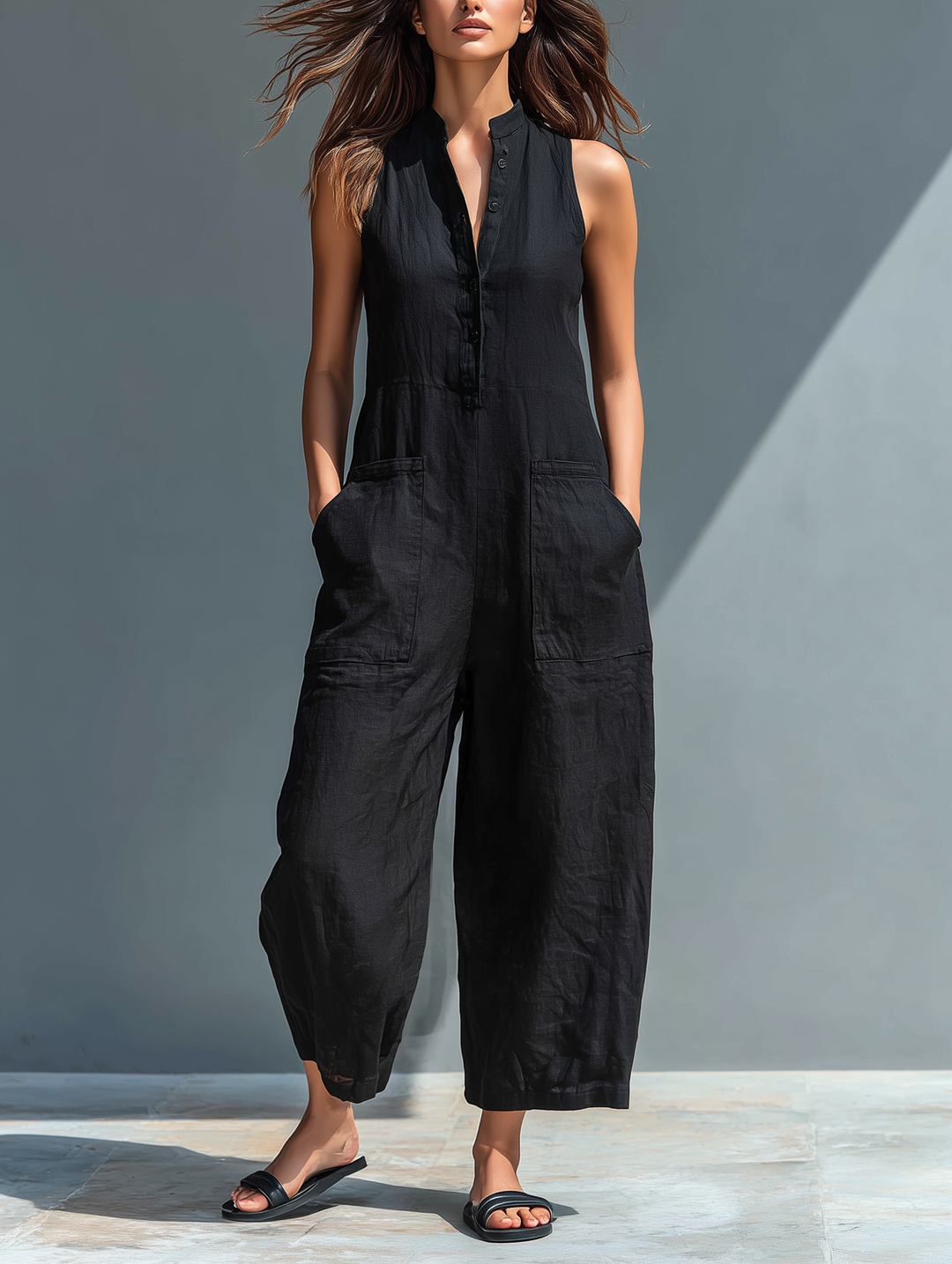Combinaison sans manches en lin minimaliste pour femmes avec col montant et boutons
