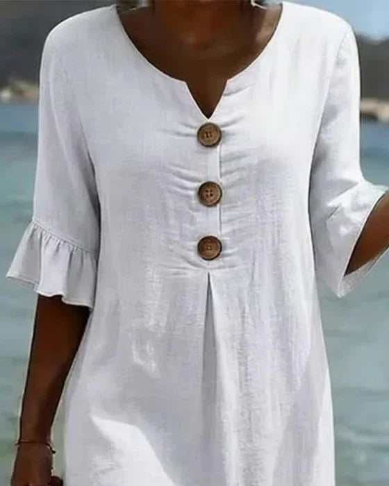 Vanesa | Robe en lin avec texture, manches bouffantes et boutons