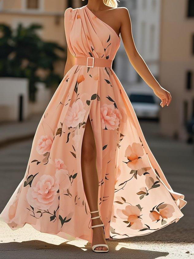 Julie | Robe Maxi en Chiffon Floral Vert Clair à Épaule Dénudée