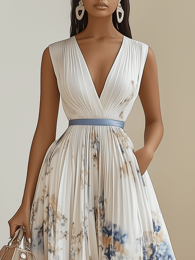 Chloé | Robe Midi Plissée en Chiffon Blanc en V