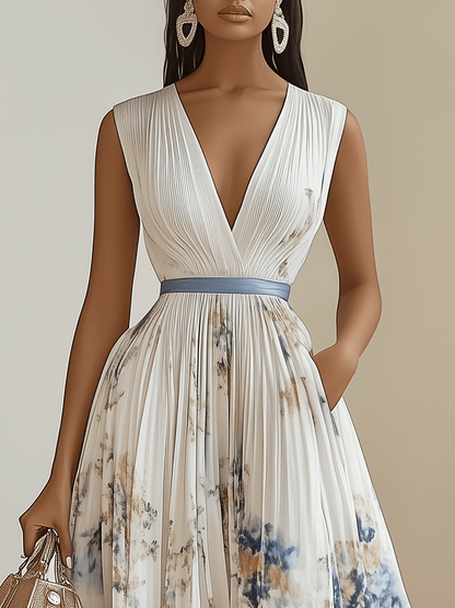 Chloé | Robe Midi Plissée en Chiffon Blanc en V