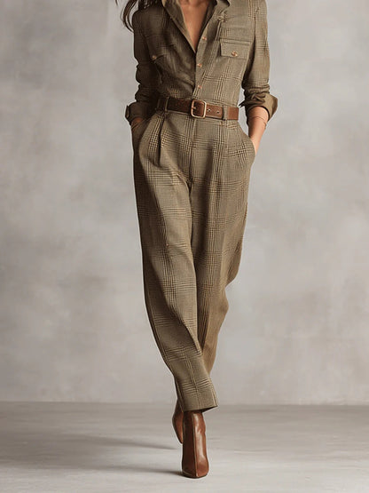 Alessia - Combinaison utilitaire en tweed marron avec motif raffiné