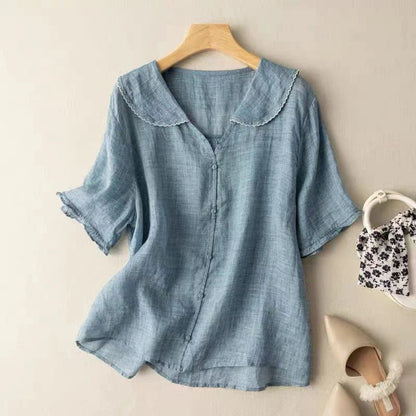 Sotiria - Élégante Blouse en Lin à Manches Courtes
