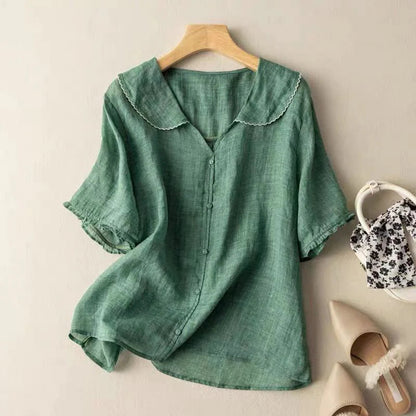 Sotiria - Élégante Blouse en Lin à Manches Courtes