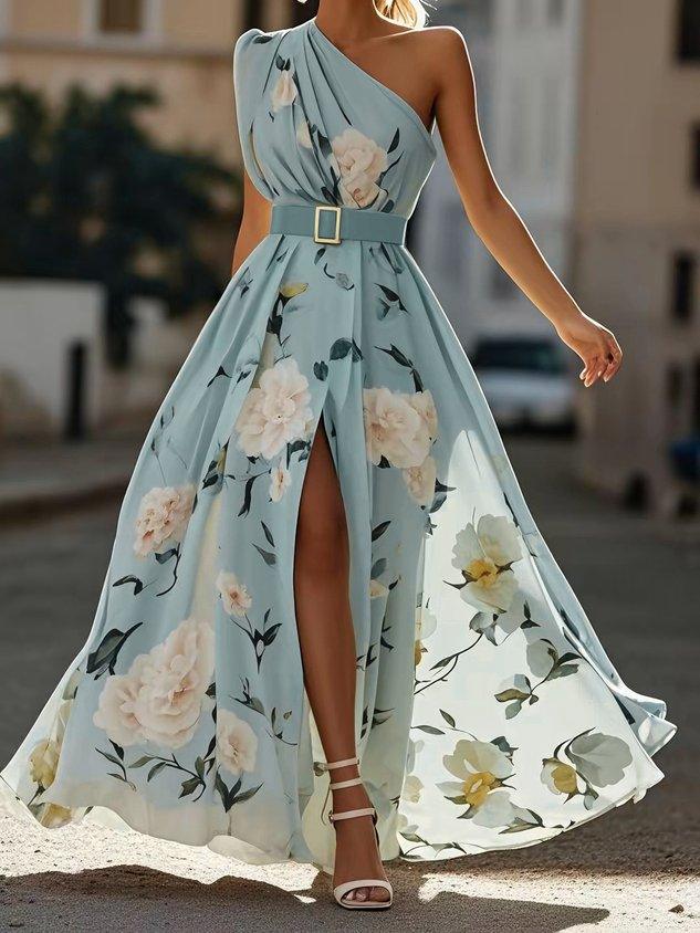 Julie | Robe Maxi en Chiffon Floral Vert Clair à Épaule Dénudée