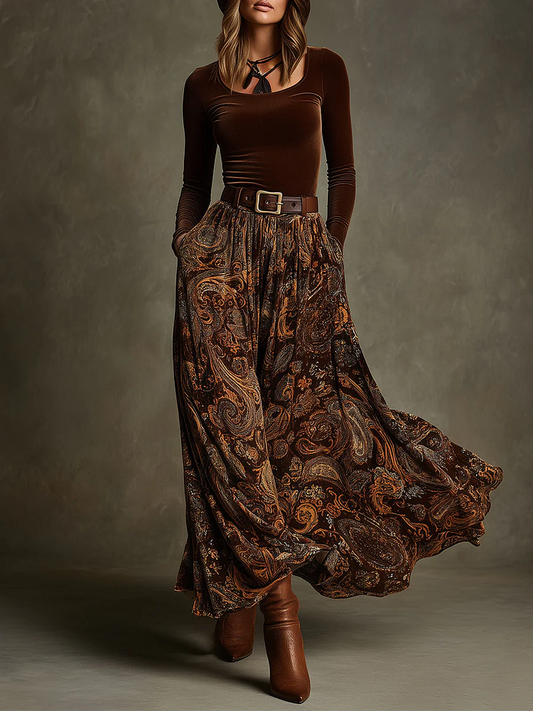 Ensemble top en velours stretch vintage et jupe maxi paisley avec ceinture