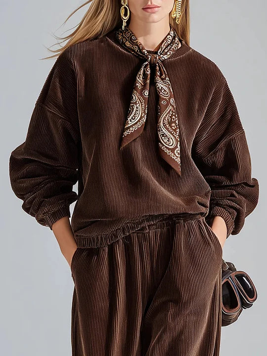 Ensemble Décontracté en Velours Côtelé de Couleur Unie avec Sweat-Shirt et Pantalons à Jambes Larges