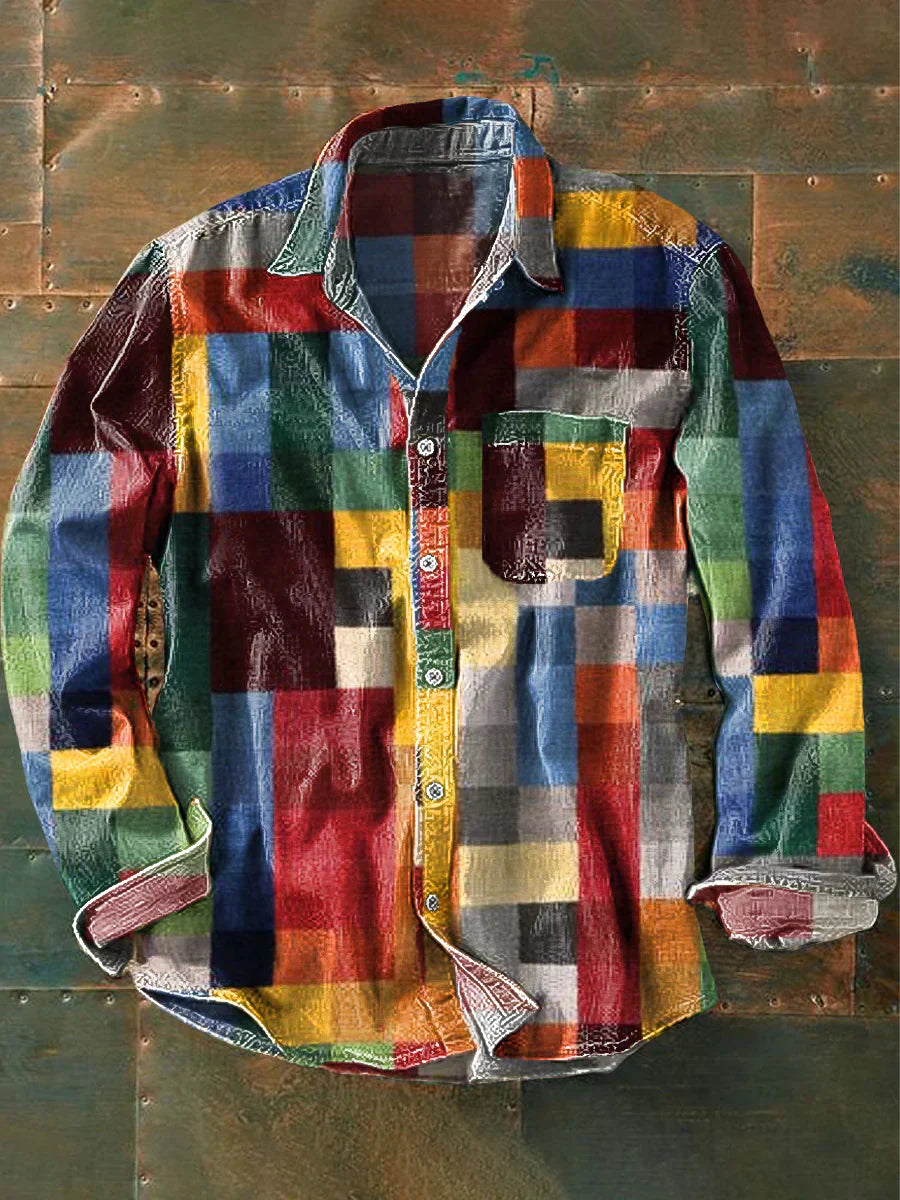 Chemise unisexe simple à carreaux de couleur arc-en-ciel, vintage, imprimé, revers, manches longues, poches