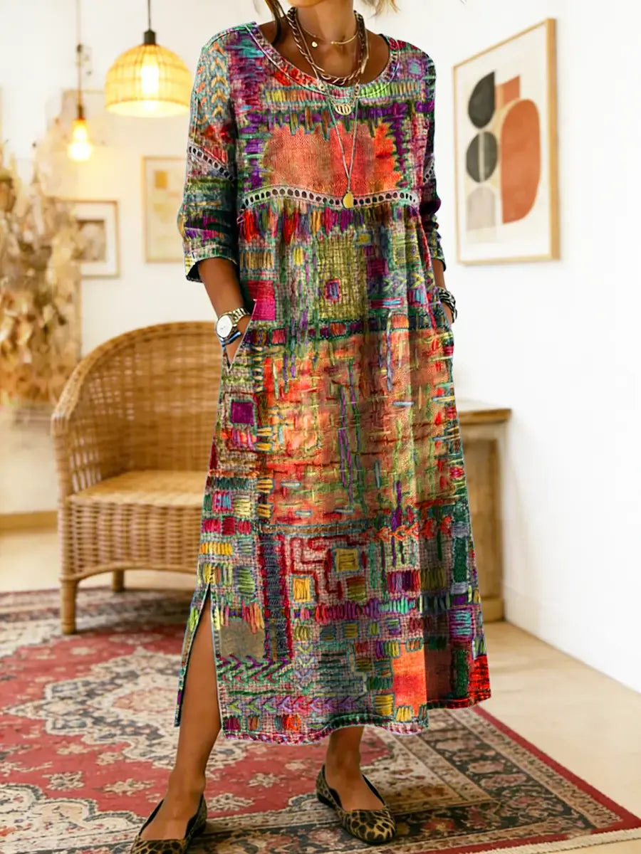 Manuela | Robe en Jean avec Patchwork Ethnique