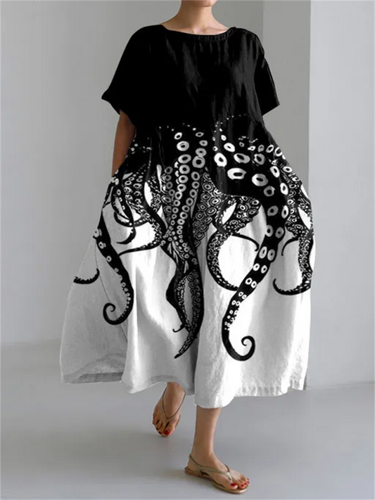Yasmine - Robe à Manches Courtes avec Imprimé de Tentacules Chic