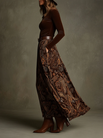 Ensemble top en velours stretch vintage et jupe maxi paisley avec ceinture