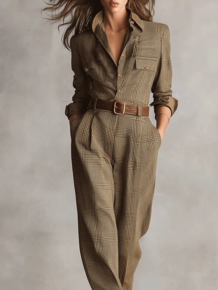 Alessia - Combinaison utilitaire en tweed marron à motif raffiné