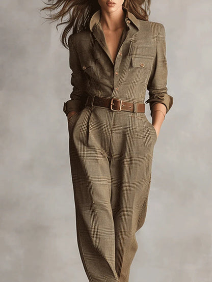 Alessia - Combinaison utilitaire en tweed marron avec motif raffiné