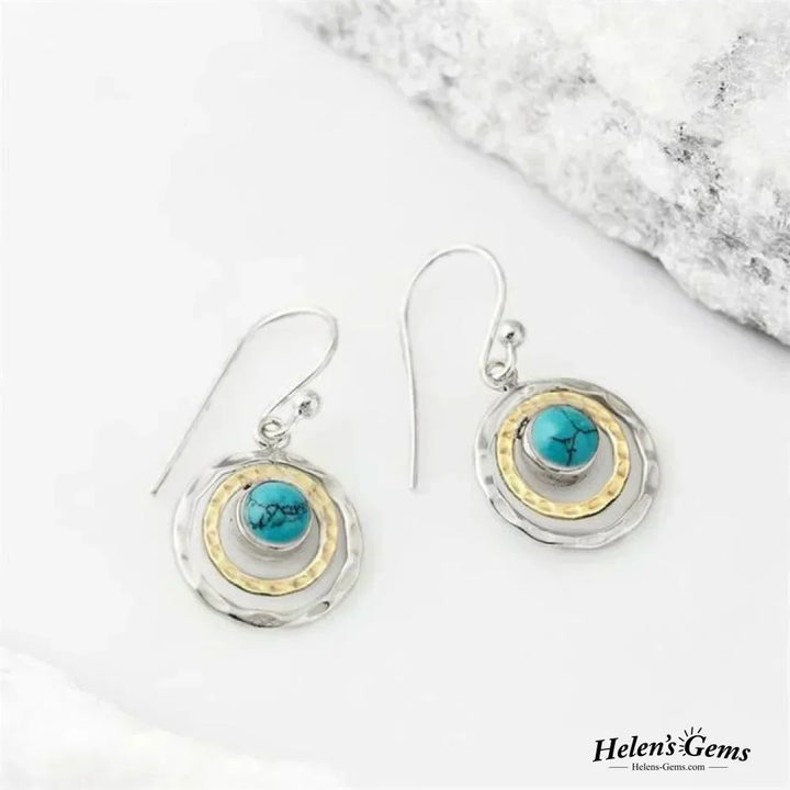 Boucles d'oreilles Boho Saturne avec pierre turquoise en argent et or