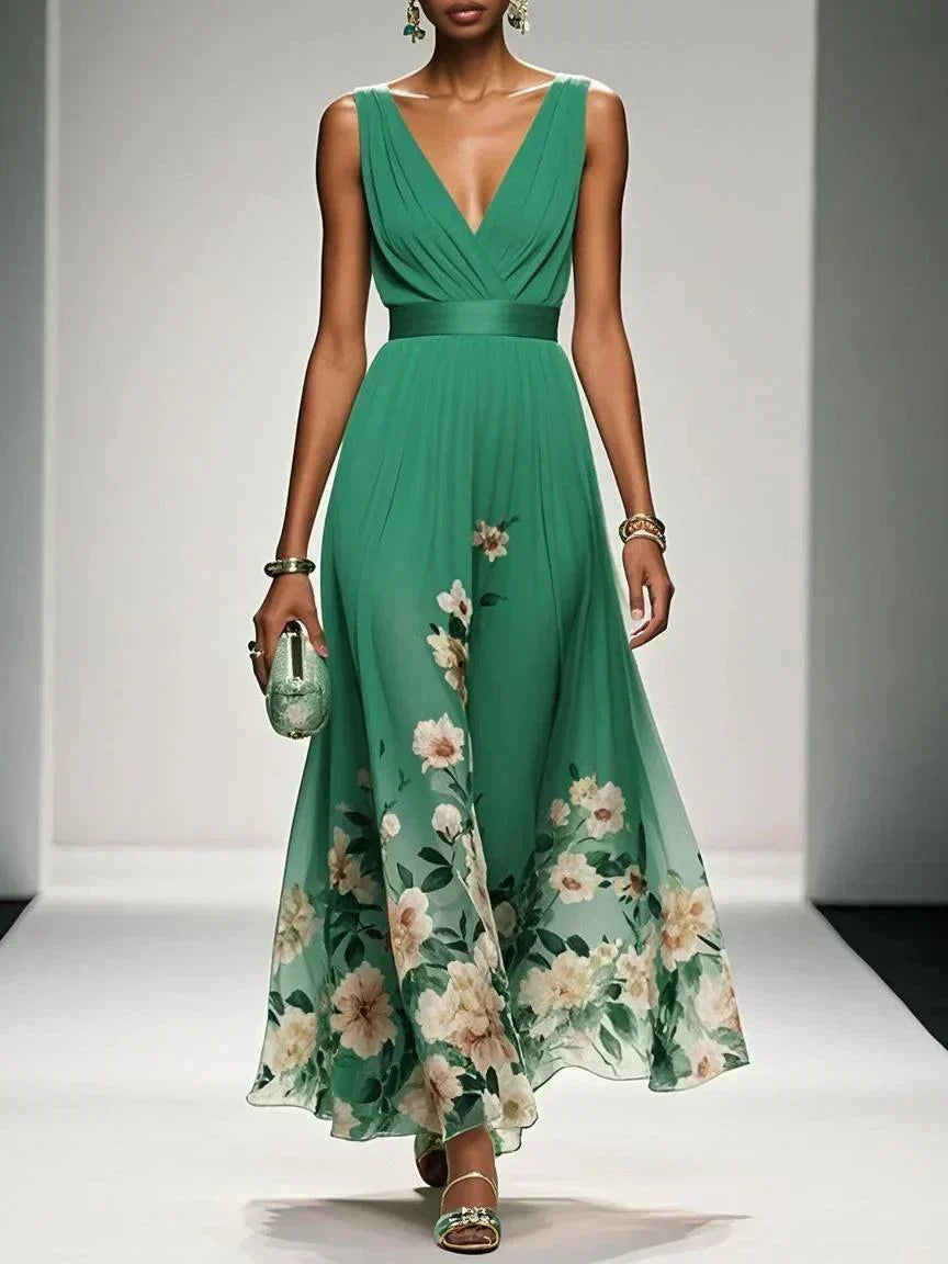 Rosa | Robe Maxi en Chiffon Floral V Bleu Clair
