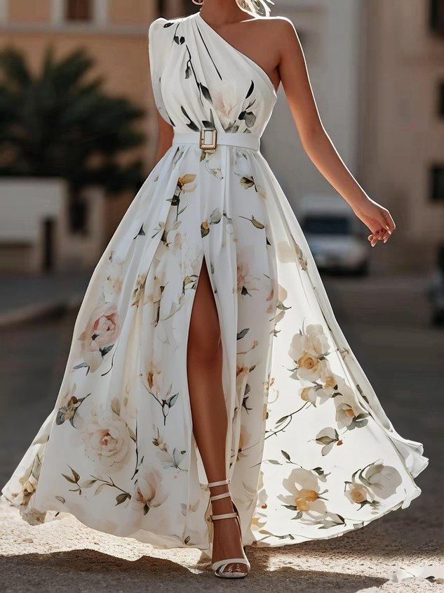 Julie | Robe Maxi en Chiffon Floral Vert Clair à Épaule Dénudée