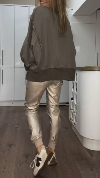 Ensemble Décontracté avec Col Ronde pour Femme + Pantalons en Cuir