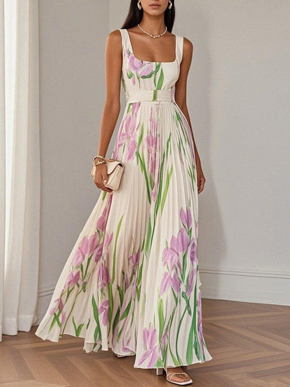 Marie | Robe Maxi en Chiffon à Fleurs Plissée Blanche