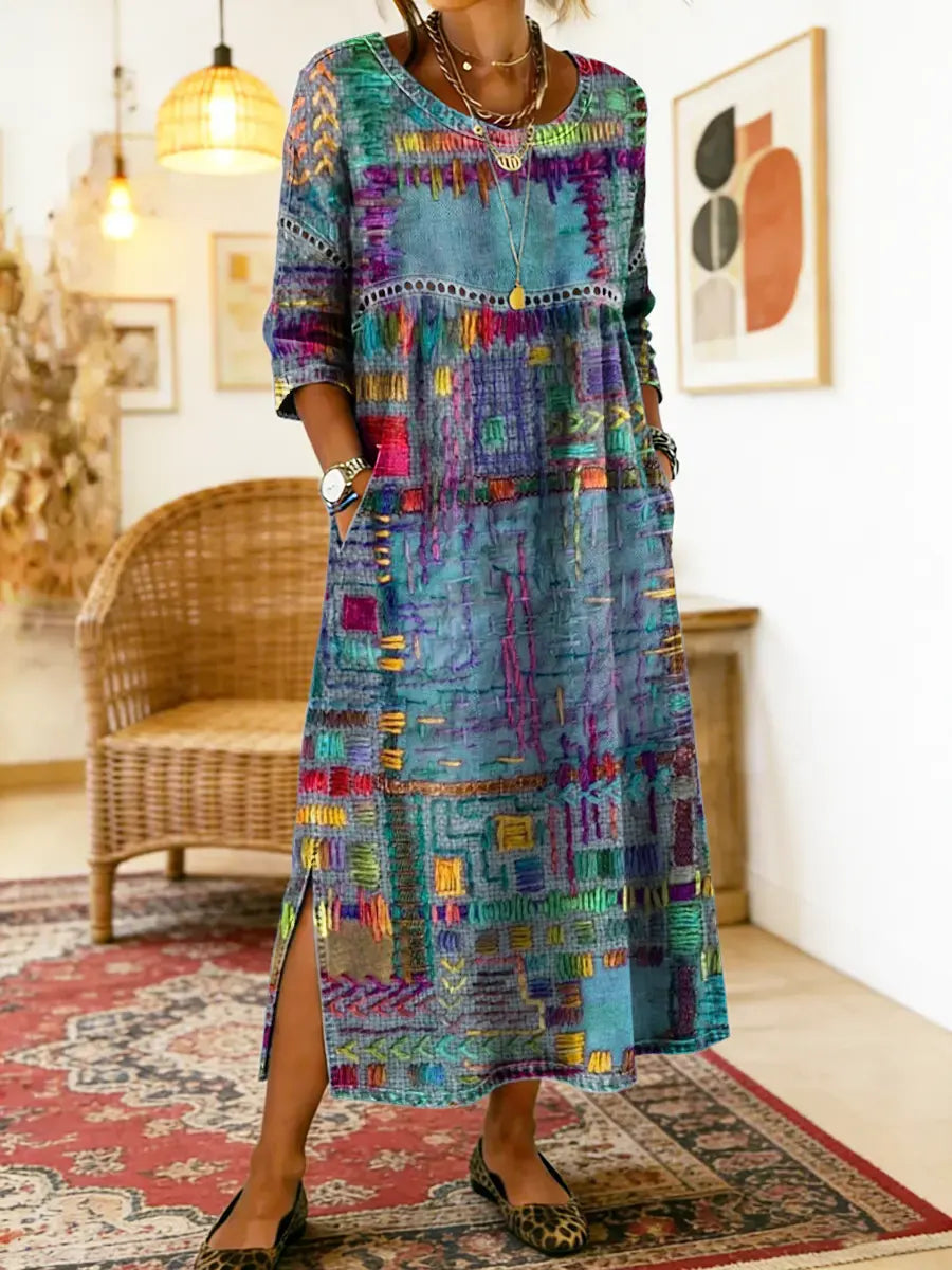 Manuela Robe en Denim avec Patchwork Ethnique