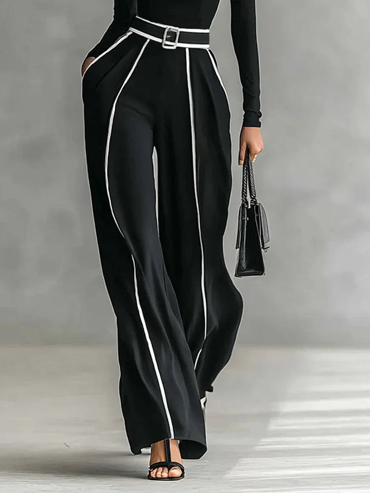 Ensemble Haut à Col Montant à Manches Longues avec Bord Blanc, Pantalons à Jambes Amples et Ceinture