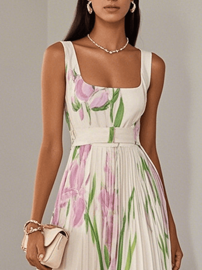 Marie | Robe Maxi en Chiffon à Fleurs Plissée Blanche