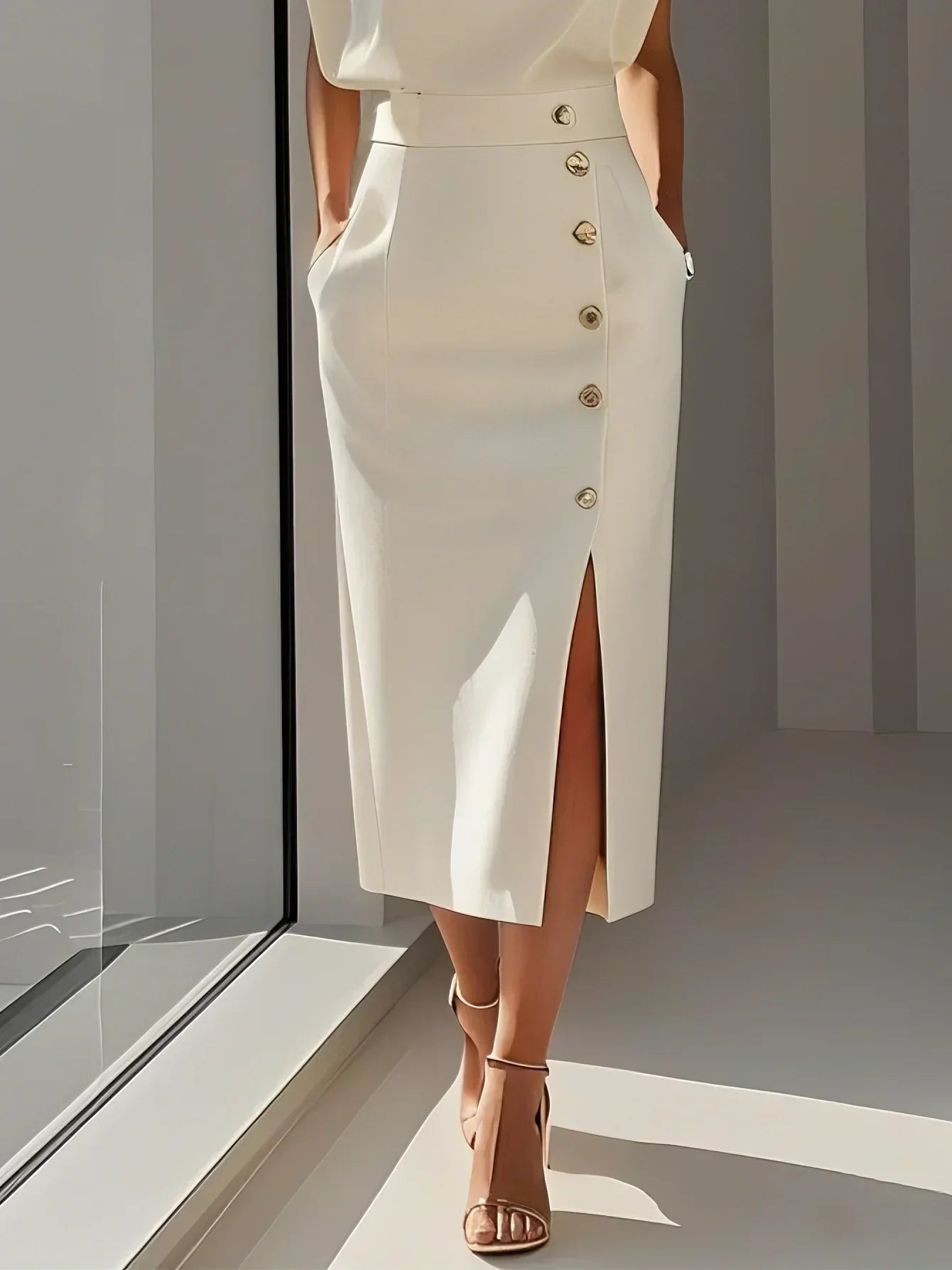 Malene™ | Robe Midi Unie avec Ouverture de Boutons et Col Rond