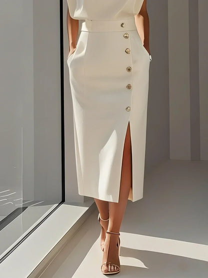 Malene™ | Robe Midi Unie avec Ouverture de Boutons et Col Rond
