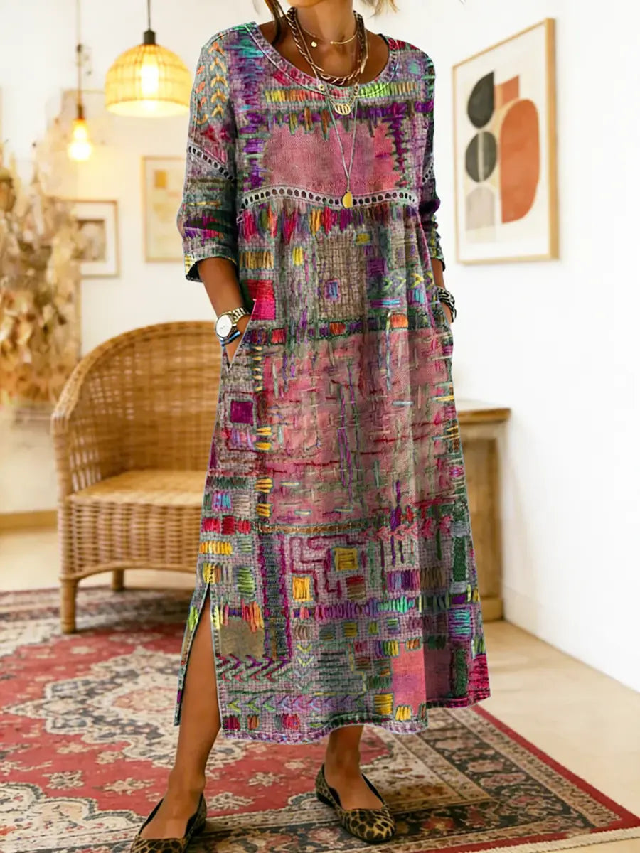 Manuela Robe en Denim avec Patchwork Ethnique