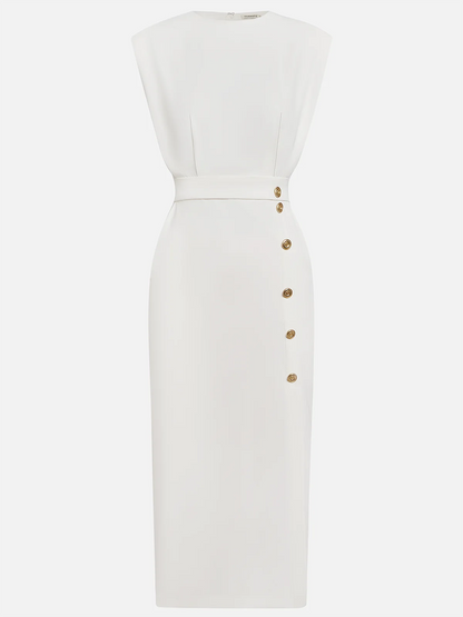 Malene™ | Robe Midi Unie avec Ouverture de Boutons et Col Rond