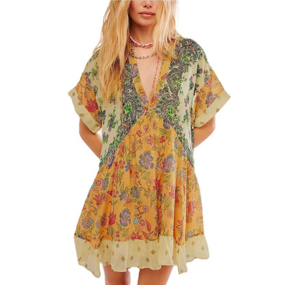 Robe Bohémienne Col V - Élégance Intemporelle
