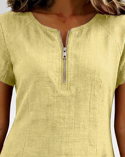 Robe Courte en Lin et Coton avec Fermeture Éclair - Coupe A-Line Élégante